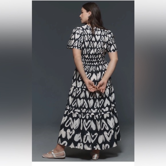 Anthropologie The Somerset Maxi Dress Smocked Heart Edition Poplin Black White - Picture 5 of 7